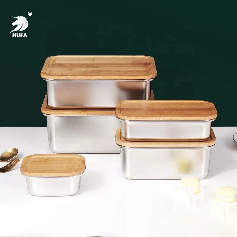 Best Seller Custom logo Portable Bamboo Cover Food Grades Stainless Steel Lunch Box sealed Food Container with Bamboo Lid