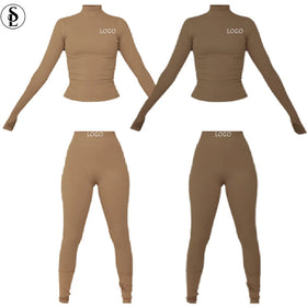 Loungewear 2023 Custom Logo Cotton Rib Knit Long Sleeve Legging Outfits Bodycon 2Two Piece Loungwear Set Women