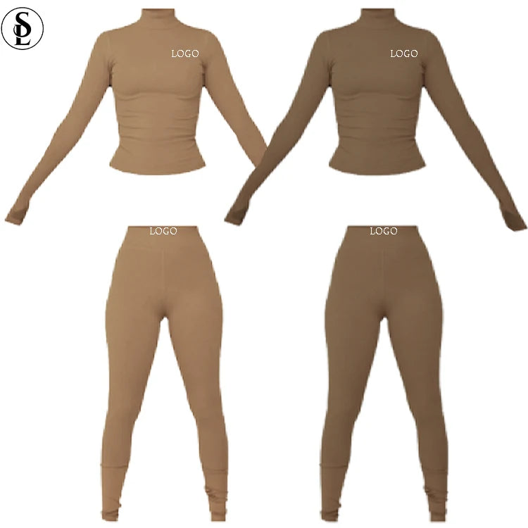 Loungewear 2023 Custom Logo Cotton Rib Knit Long Sleeve Legging Outfits Bodycon 2Two Piece Loungwear Set Women