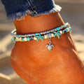 Multilayer Beads Handmade Alloy Beach Anklet Bracelet Set Boho Trendy Turquoise Turtle Foot Jewelry for Women