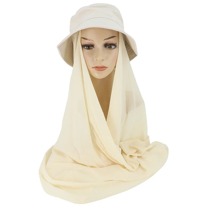 Fashion Bucket Hat Headscarf Set for Muslim Women Chiffon Instant Hijab Cap
