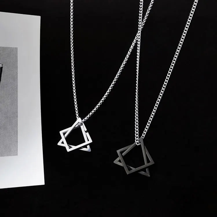SC Minimalist Stainless Steel Men Necklace Trendy Hip Hop Black Silver Geometric Triangle Square Combination Pendant Necklace