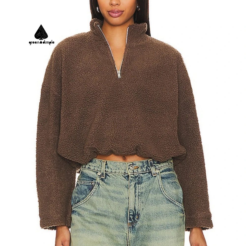 Women's 400GSM Printed Oversized Hoodies Green Dimple Drop Shoulders Quarter-Zip Cropped Fleece Sweatshirts with Front Logo