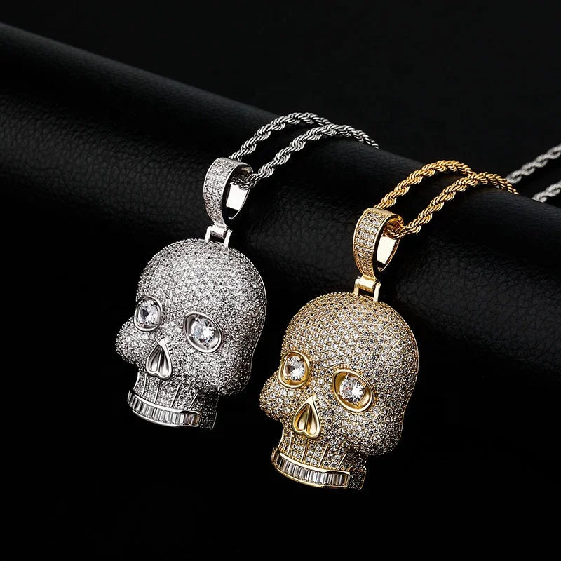 Bling Skeleton Head Pendant Hip Hop Ice Zircon Skull Gold Plated Brass Lab Created Jewelry Gift Necklace
