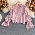 One Size French Vintage Cut Out Lace Shirt With Flared Sleeves Long Sleeved Temperament Button up Stand up Collar Top