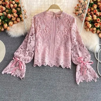 One Size French Vintage Cut Out Lace Shirt With Flared Sleeves Long Sleeved Temperament Button up Stand up Collar Top