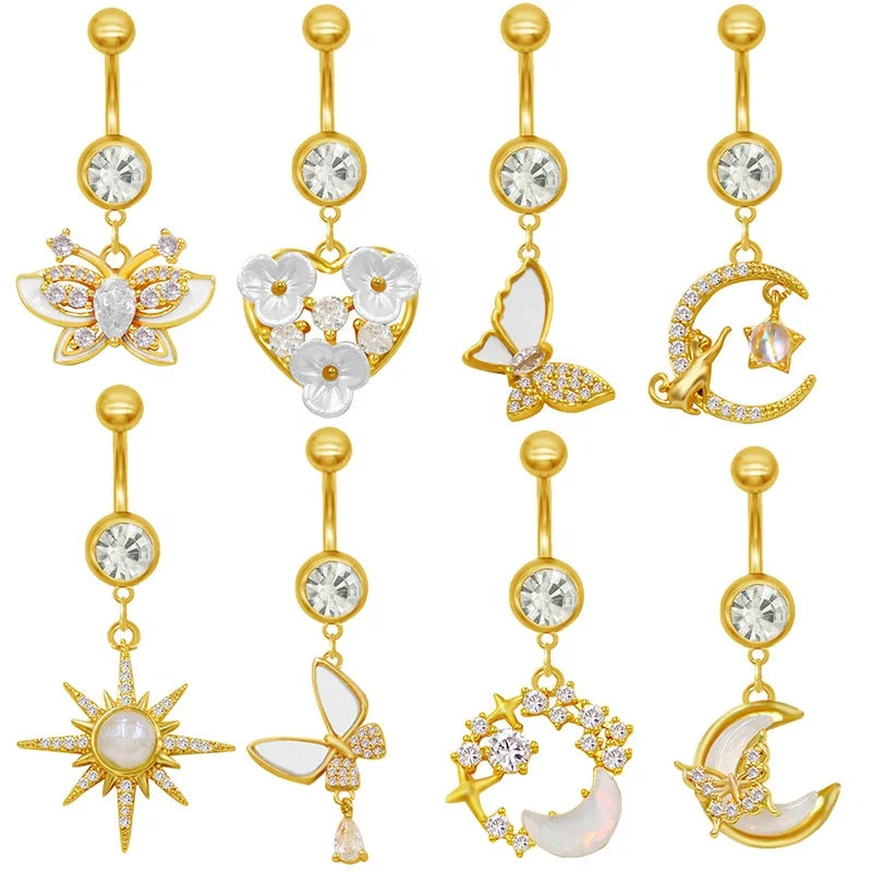 Gaby New Gold Plated Long  Dangle Belly Rings Stainless Steel Belly Button Ring Surgical Steel Jewelry Body Piercing Jewelry