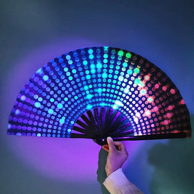 13 Inch Large UV Glow Bamboo Folding Hand Fan Eco-Friendly Festival and Party Supplies with Music Style Painted Decoration