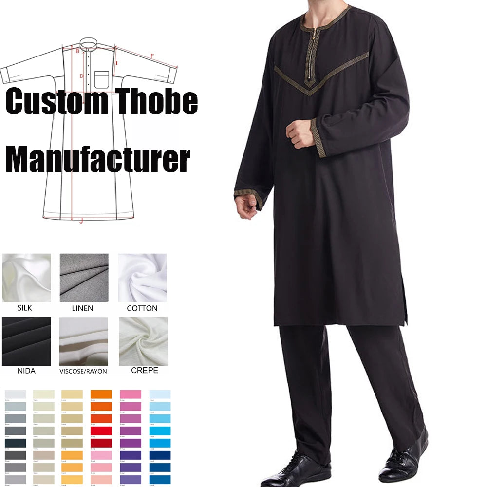 Men 2 Piece Set Thobe Saudi Men Dresses Abaya Islamic Clothing Embroidery Top Pants Set Muslim Arab Men Thobe Thawb Caftan Suit