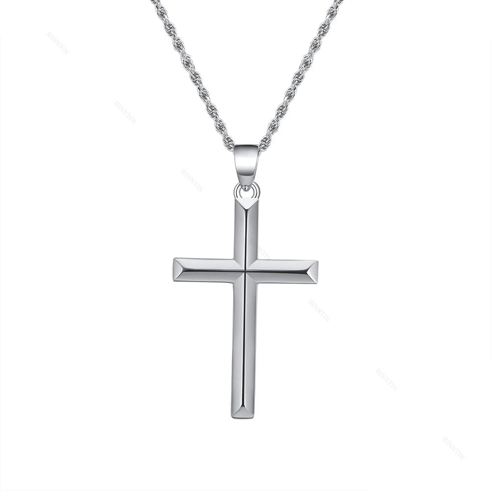 RINNTIN NMN01 Custom 925 Sterling Silver Cross Necklace for Men Women with Silver Rope Chain or 18K Gold Plated Crucifix Pendant