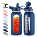 64oz 40oz 32oz Glass Water Bottle With Straw and Handle Lid Protective SleeveHalf Gallon Sports Motivational Glass Bottles