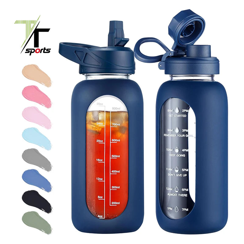 64oz 40oz 32oz Glass Water Bottle With Straw and Handle Lid Protective SleeveHalf Gallon Sports Motivational Glass Bottles