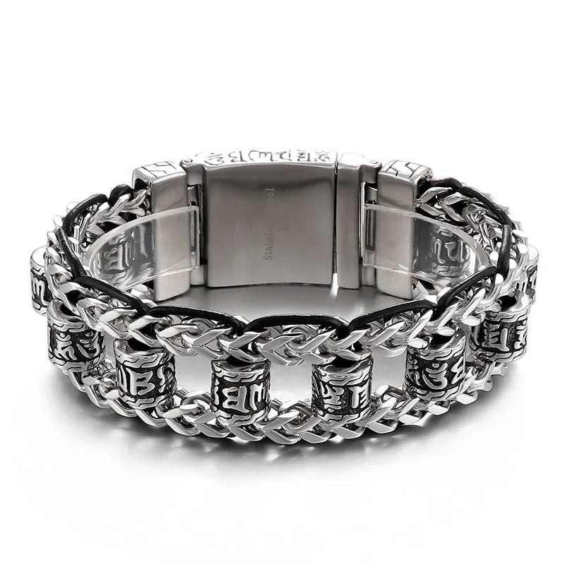 KALEN Mens Retro Stainless Steel&Cowhide Link Bracelet With Ancient Ethnic Symbols Charms
