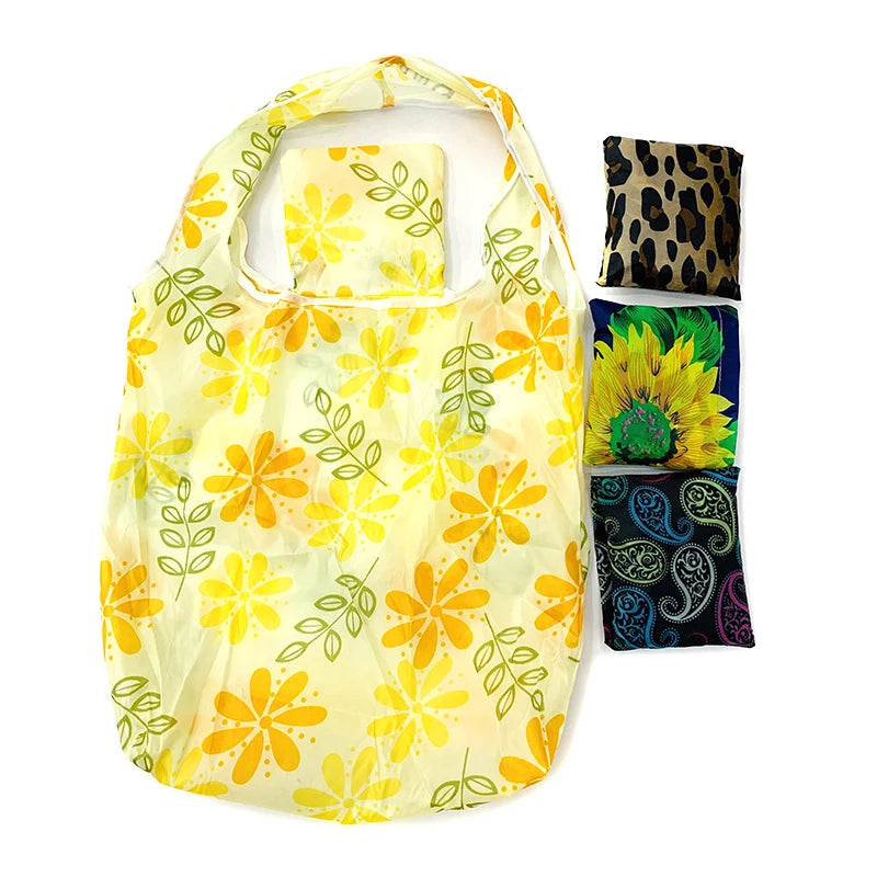 New wholesale custom logo floral print Polyester grocery bags handbag collapsible reusable foldable tote shopping bag