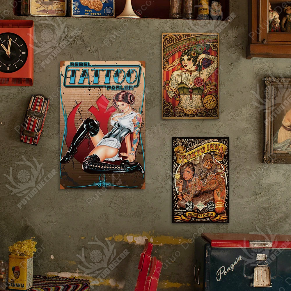 Putuo Decor Tattoo Metal Poster Retro Tin Sign Bar Pub Club Tattoo Shop Man Cave Decor Vintage Sign