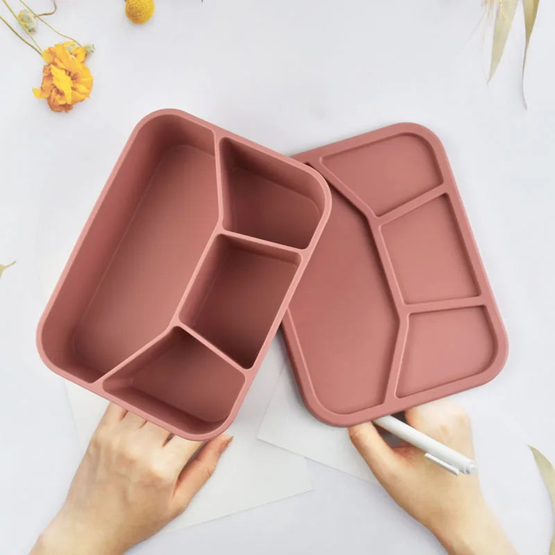 Eco Friendly Bpa Free Silicone Bento Box Office Lunch Box Set With 4 Compartment for Kids Children's Adult