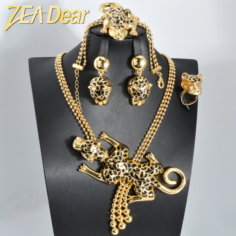 African Dubai Luxury 18K Gold Plated Leopard Necklace Earrings Ring Bracelet Ethnic Jewelry Sets for Women MegaBDM