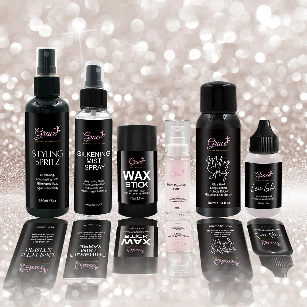 Private Label Lace Glue Wax Stick Lace Melting Hair Repair Serum Silkening Mist Spray Holding Spray Wig Install Hair Styling Kit