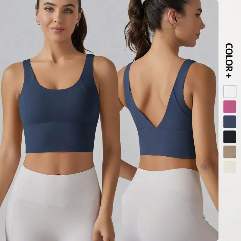 Custom Logo Breathable V Back Sports Bra Crop Top Yoga Fitness Longline Sleeveless Sports Bra With Built-in Pads