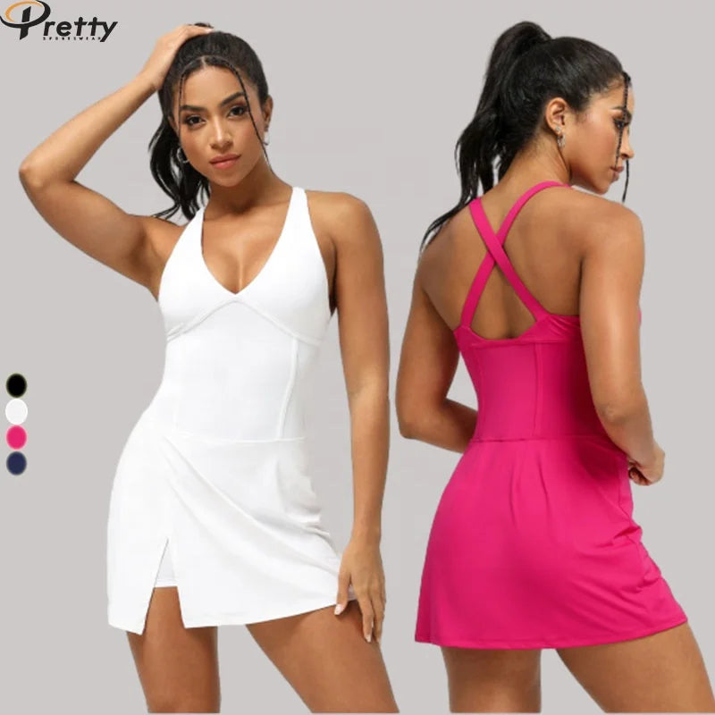 Sexy Deep V Sleeveless Tennis Clothing Women'S Snug Fit Through the Waist Tennis Skirt With Shorts Custom Logo Tennis Wear