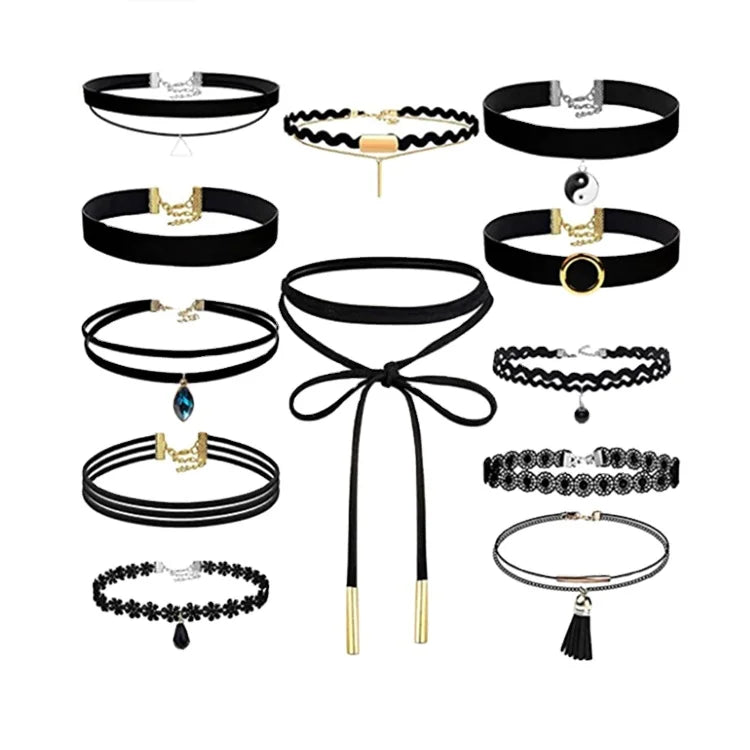 Wholesale Bulk Different Black Lace Velvet Necklace 12 Piece Choker Necklace Sets for Women