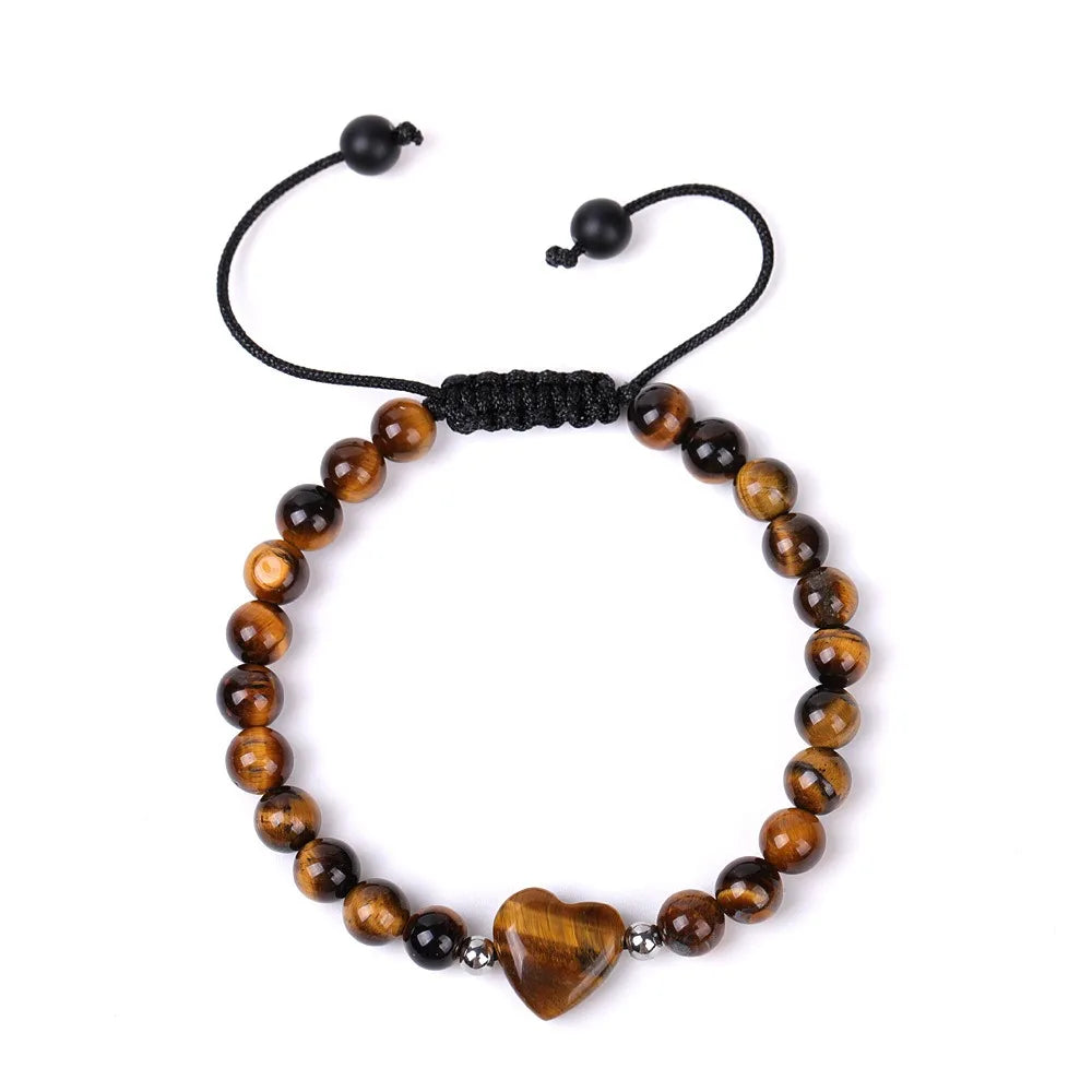 Healing Crystal Gemstone Heart Bracelet Rose Quartz Tiger Eye Braided Bracelet Healing Beaded Dainty Bracelet Gift for Her