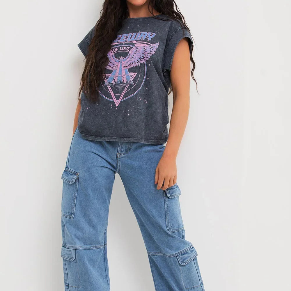 Acid Wash T Shirt With Print Washed Grey Short Sleeve Block Tee for Women