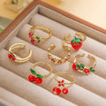 X093 Wholesale Gold Plated Fruit Rings Colorful Enamel Red Cherry Strawberry Shape Cute Cartoon Open Ring Trend Jewelry