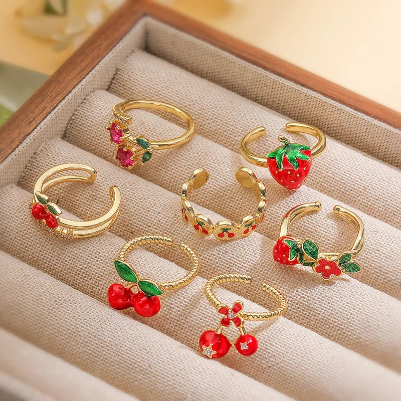 X093 Wholesale Gold Plated Fruit Rings Colorful Enamel Red Cherry Strawberry Shape Cute Cartoon Open Ring Trend Jewelry