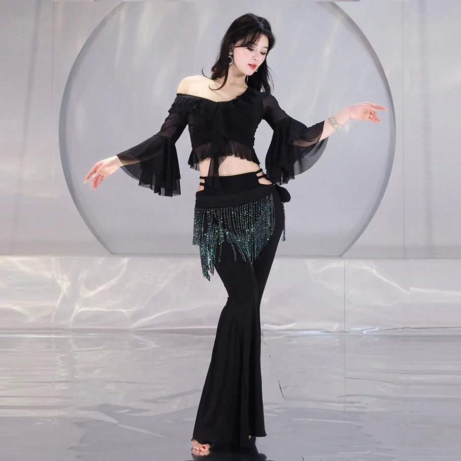 High Quality Exquisite Mermaid Sequin Long Skirt Paired With Safety Shorts Pants Costumes for Belly Dance Performance Wear Set