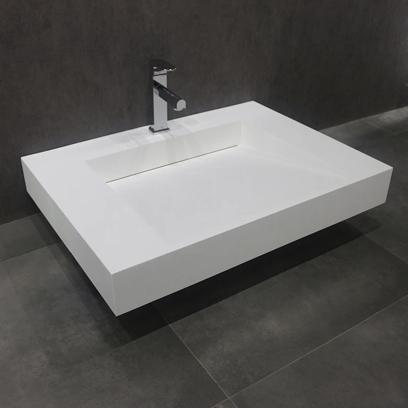 Modern Hotel Rectangular Solid Surface Wall-Hung Double Bowl Single Hole Drain Vanity Sink Wash Basin