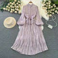 Wholesale 2026 Spring Korean Edition Lantern Long Sleeved Standing Neck Waist Slimming Wrinkle A-line Sequin Women's Dress