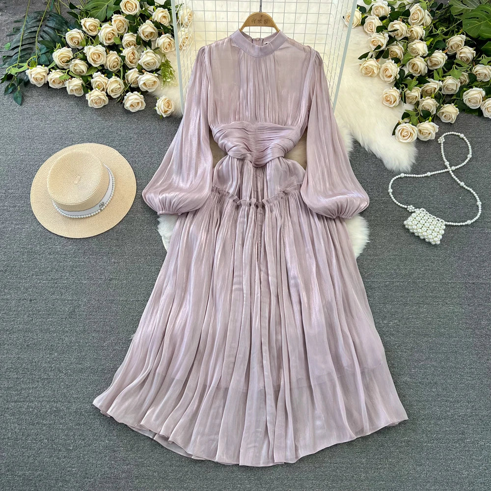 Wholesale 2026 Spring Korean Edition Lantern Long Sleeved Standing Neck Waist Slimming Wrinkle A-line Sequin Women's Dress