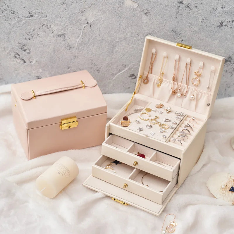 Luxury Handmade Portable Three-Layer Drawer-Style Leather Jewelry Storage Box for Earrings Necklace Storage