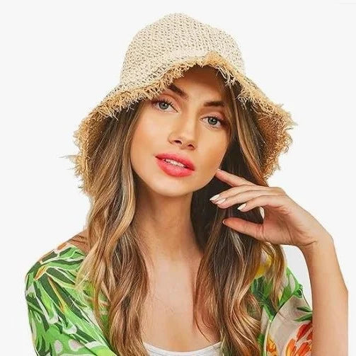 Bestella Women's Striped Braided Fisherman Hat Paper Straw Sun Protection with Raw Edge Stylish Casual Accessory