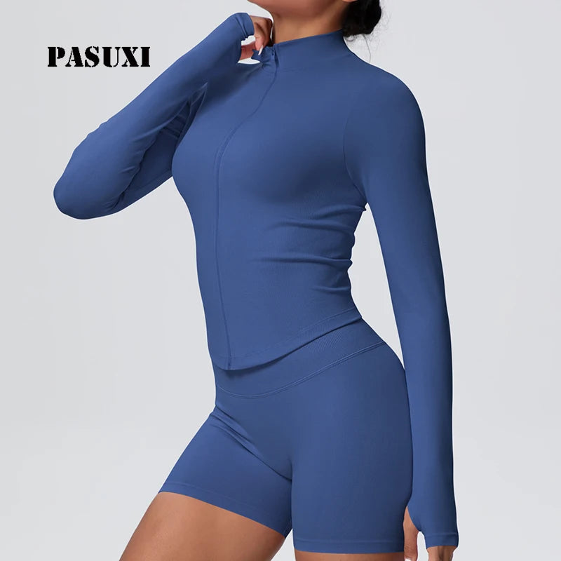 PASUXI Seamless Yoga Jacket Women Slim Fit Full Zip Gym Top Quick Dry Long Sleeve Running Workout Track Sportswear