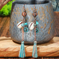 Vintage Turquoise Stone Wood Beads Shell Pendant Retro Boho Dangle Long Tassels Earring Jewelry for Women