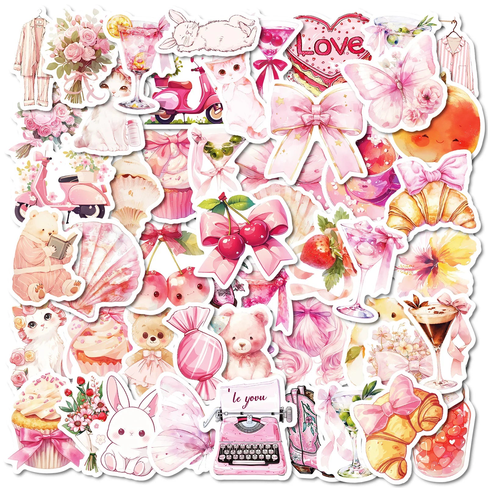 50Pcs Watercolor Pink Girl Retro Graffiti Stickers for Laptop Luggage Decor Cute Book DIY Sticker