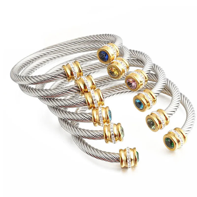 BINSHUO Wholesale Women Open Bracelet Stainless Steel Bangle Cable Wire Twisted Inlay 12 Birthstone Gemstone Cuff Bracelet