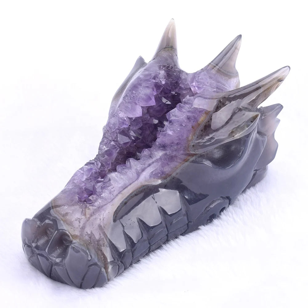 Hand Carved Real Amethyst Agate Druzy Geode Crystal Dragon Skull Sculpture From Guangdong for Home Decoration