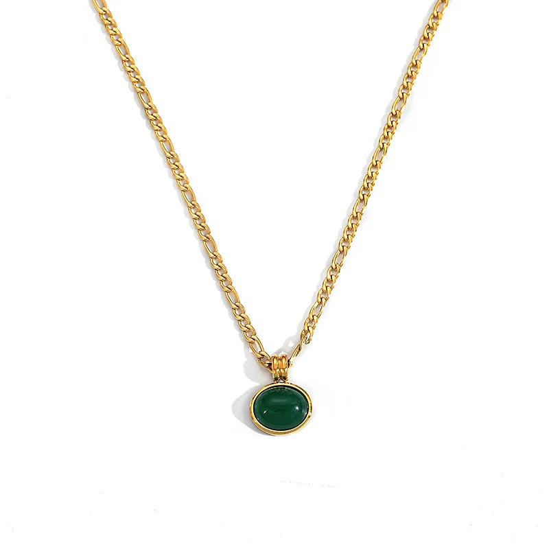 Tarnish Free 18K Gold Stainless Steel Round Stone Pendant Necklace Geometric Pendant Figaro Chain Clavicle Chain Necklace