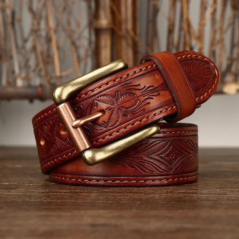 Vintage Fashion 1.5'' Western Full Grain Genuine Cow Hide Leather Luxury Belt for Men with Solid Brass Buckle