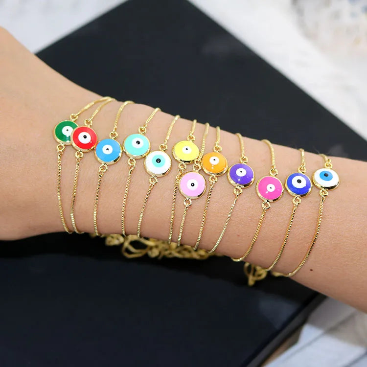 BM1091 Adjustable 18k Gold Plated Rainbow Enamel Multicolor Evil Eyes Spiritual Chain Slide Bracelets for Women