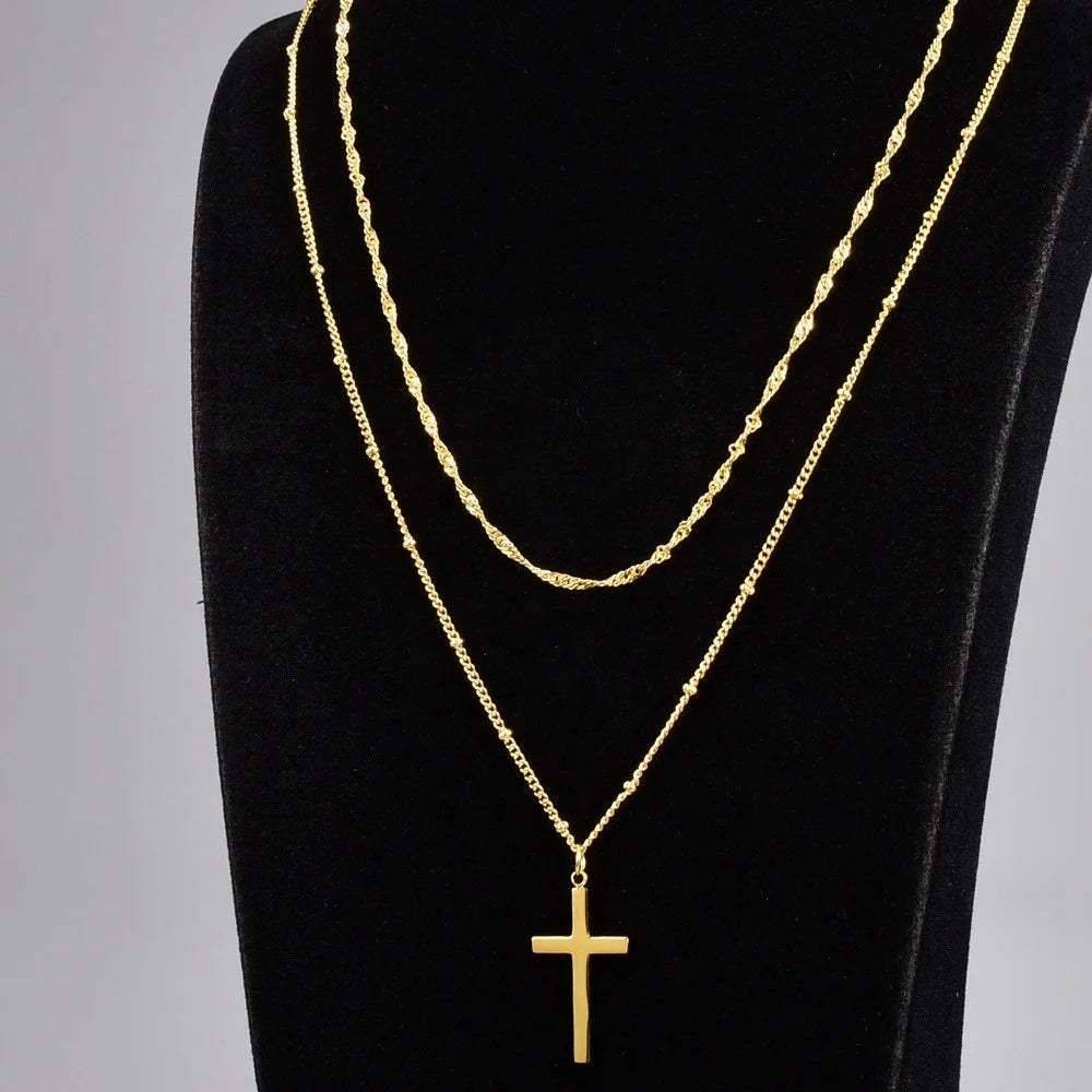MECYLIFE Stainless Steel Water Wave Chain Choker Beaded 18K Gold Double Layered Women Cross Necklace