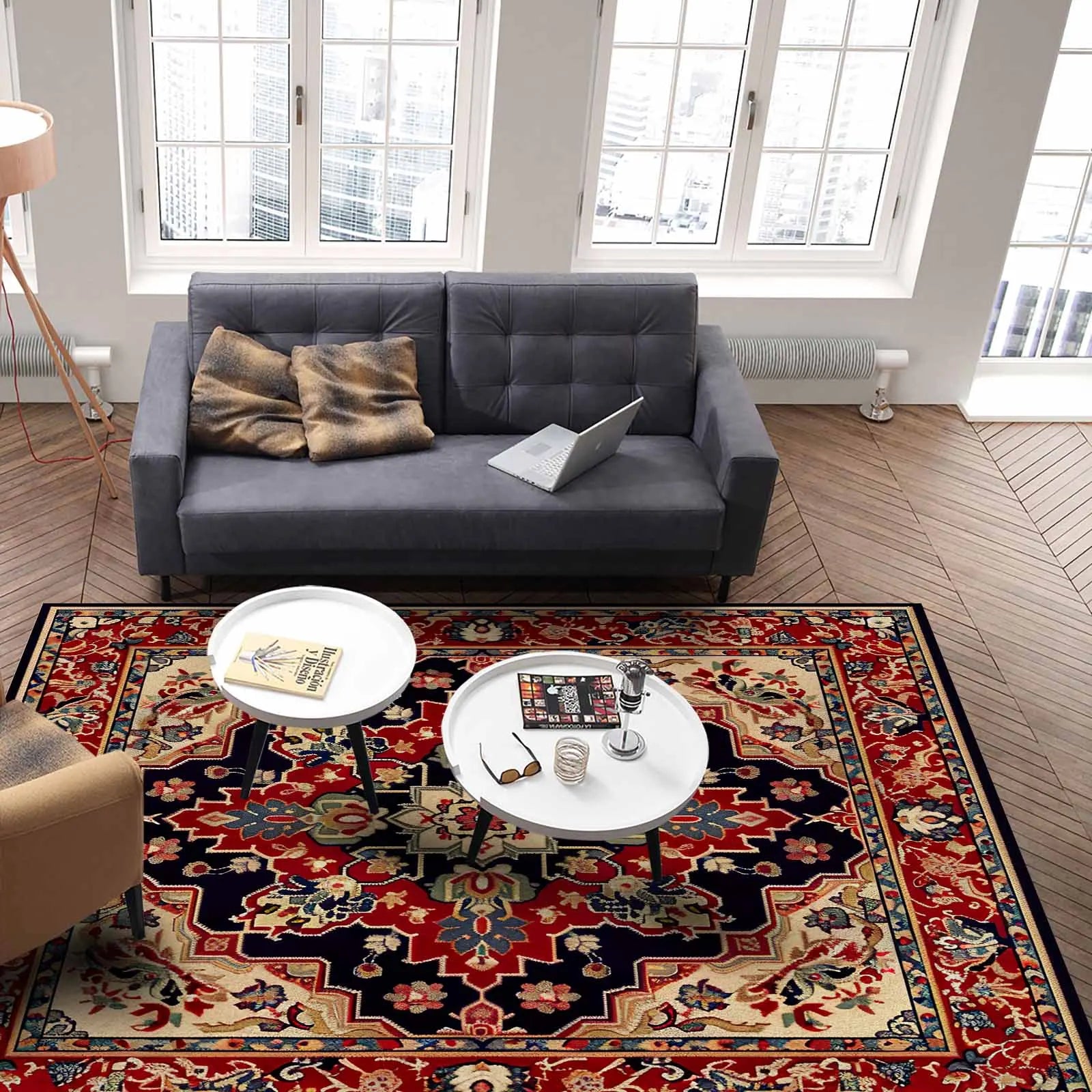 Boho Area Rug 3x5 Red Washable Vintage Rug Non Slip Floor Carpet for Kitchen Living Room Bedroom Bathroom Office