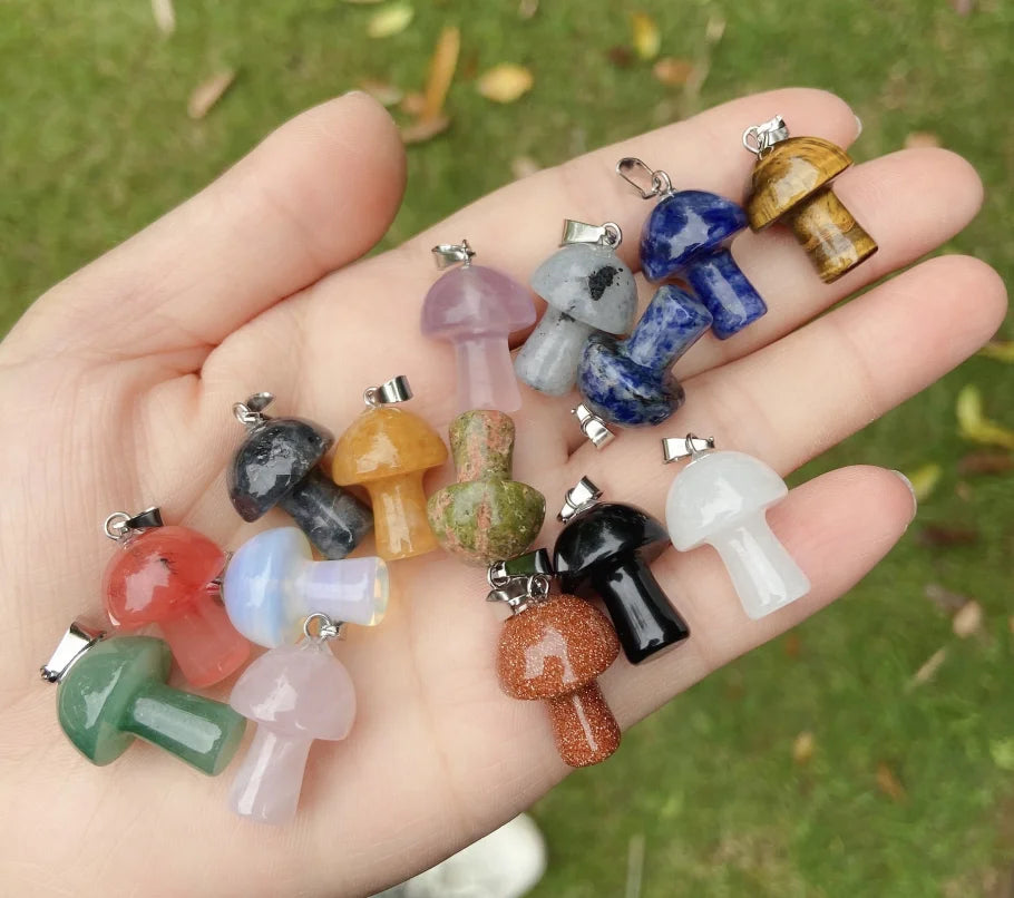 Natural Crystal Mushroom Sculpture Mini  Gemstone Mushroom Pendants Colorful Mushroom Stone Pendant Jewelry
