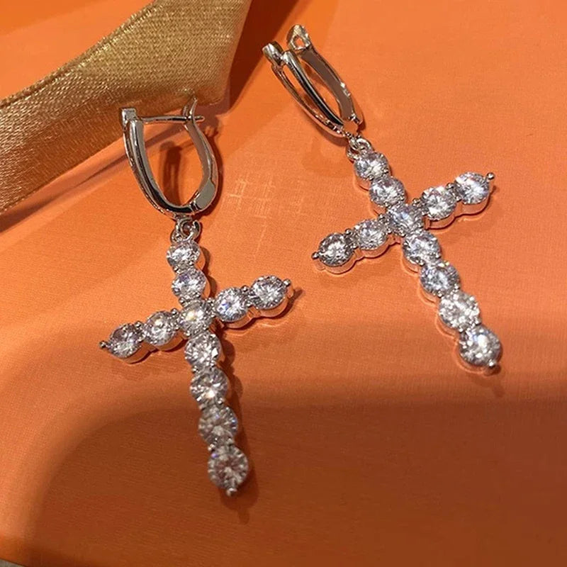 Huitan OEM Custom Exquisite Round Cubic Zirconia Cross Drop Earrings for Engagement Silver/Gold Plated CZ Wedding Earrings Women