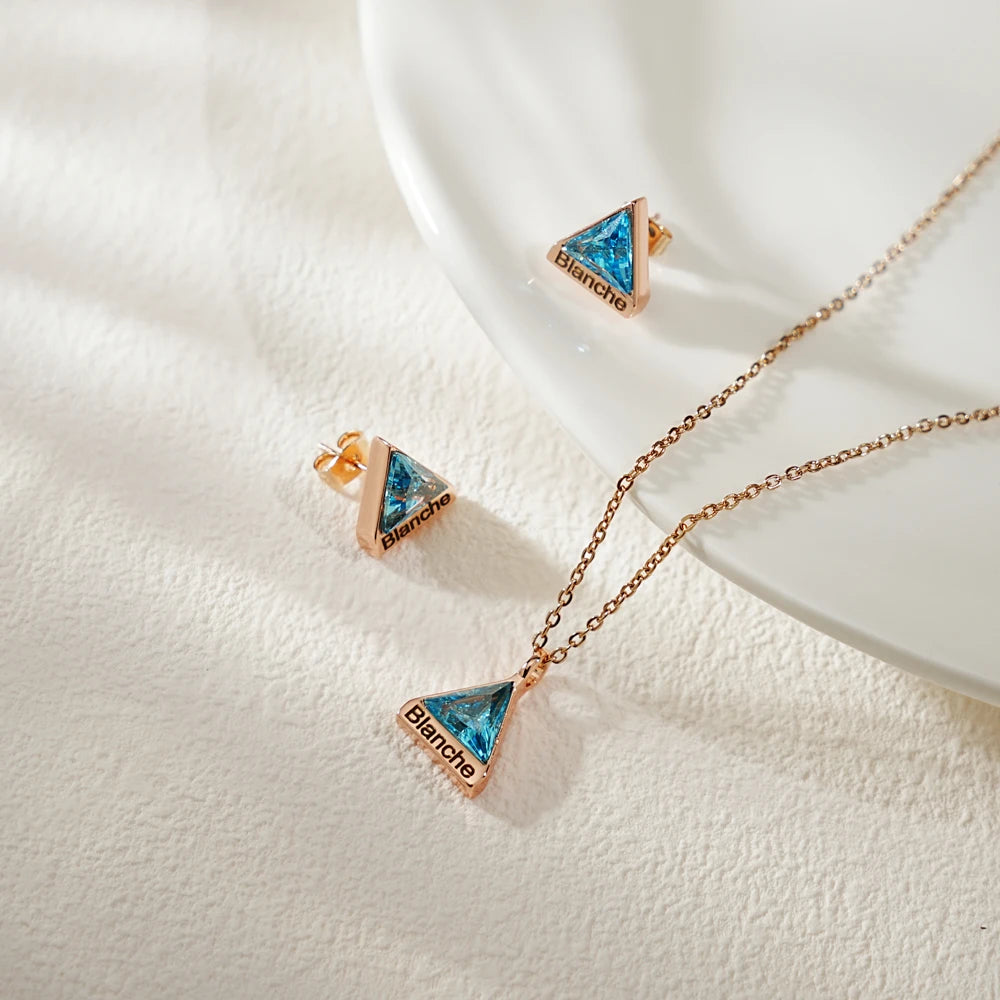 Created Opal Cubic Zirconia Dainty Triangle Gemstone Natural Healing Crystal Pendant Necklace and Earrings
