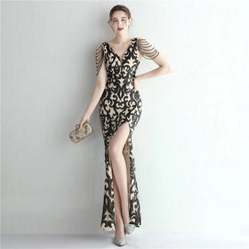 19266# New Bead Style Socialite Party Temperament Split Long Sequin Dinner Fishtail Dress