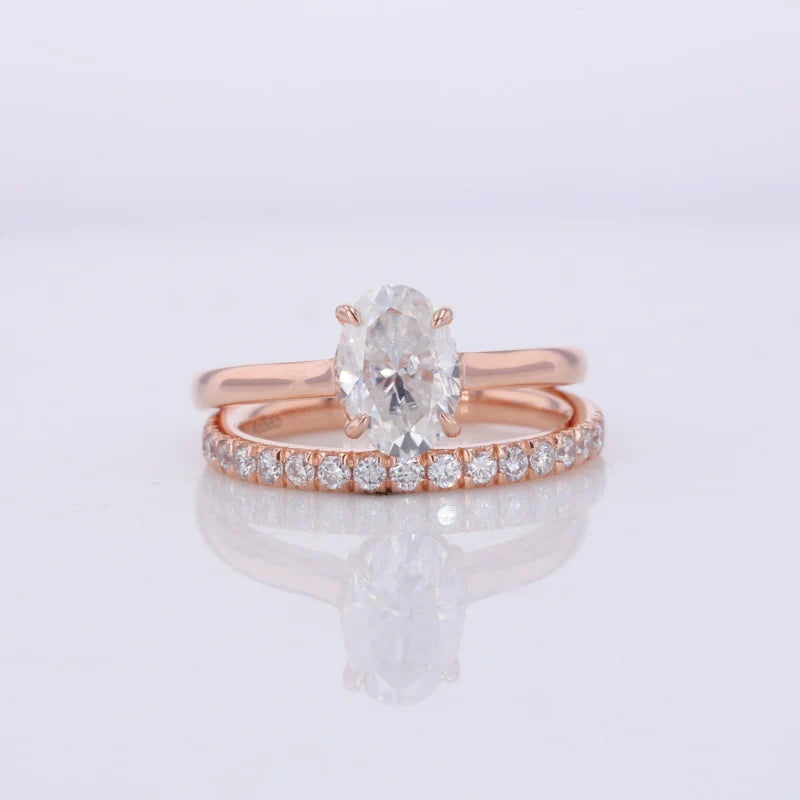 Starsgem 14K Solid Rose Gold Oval Crushed Ice Cut Moissanite Engagement Ring Set